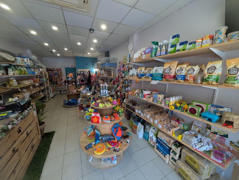 The shop floor at T's Pets, with stocked wall shelving, hanging accessories and central display tables